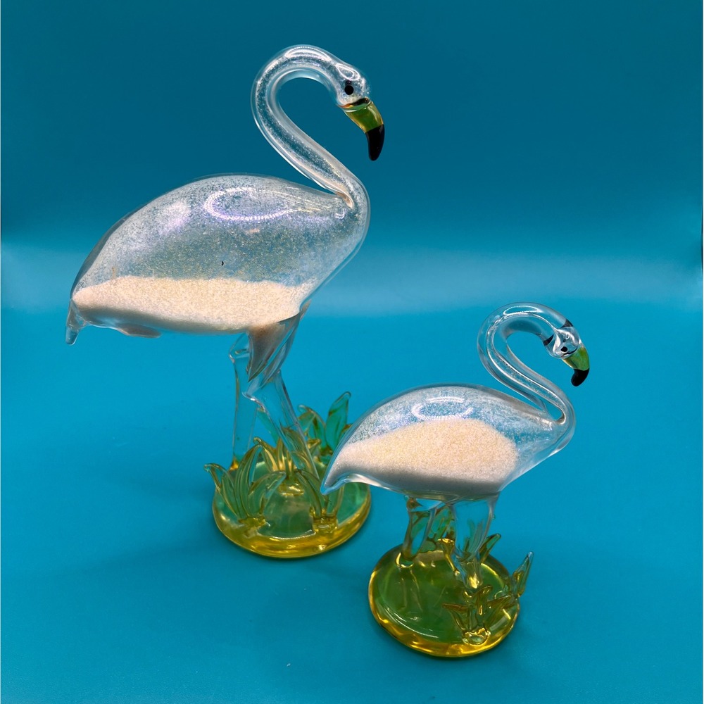 Flamingo Figurine Set Clear Yellow Glass Sand Filled Art Decor